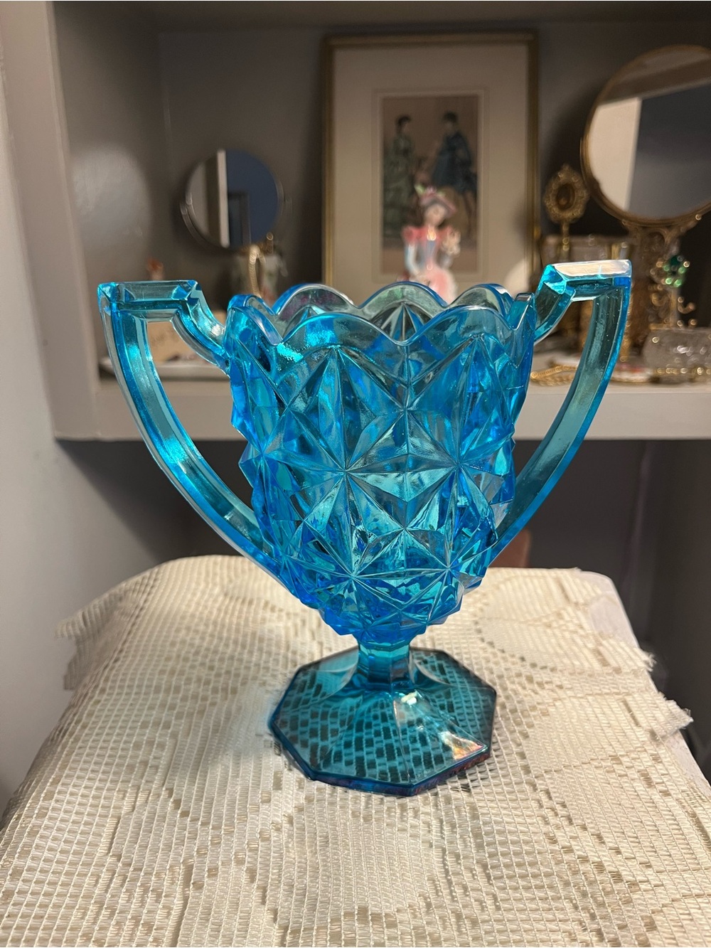 Indiana Blue Pressed Glass Chalice Trophy Vase